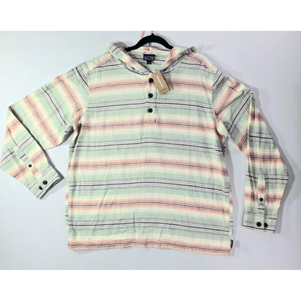 Patagonia Mens Large Lightweight Fjord Flannel Hoodie White Wash Striped NWT